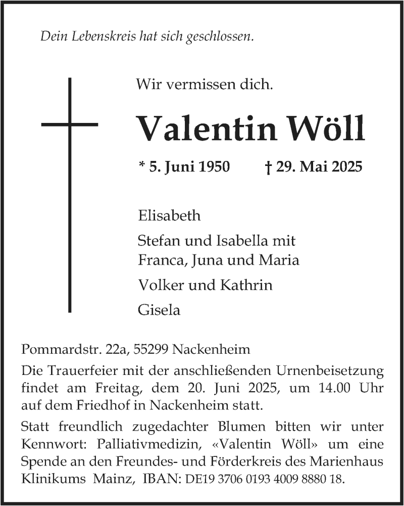  Traueranzeige für Valentin Wöll vom 07.06.2025 aus Allgemeine Zeitung Mainz