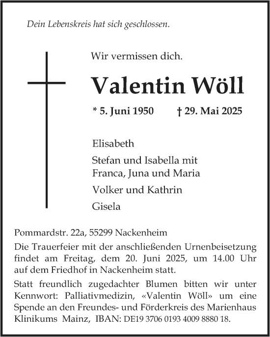 Traueranzeige von Valentin Wöll von Allgemeine Zeitung Mainz