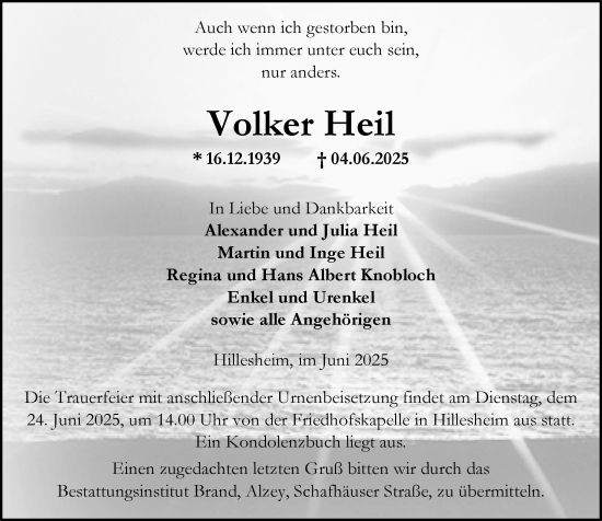 Traueranzeige von Volker Heil von Allgemeine Zeitung Alzey