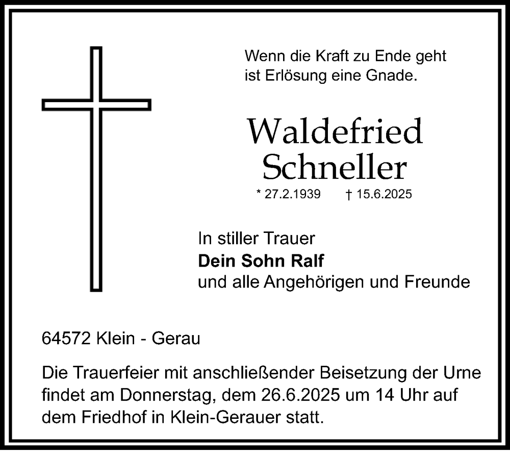  Traueranzeige für Waldefried Schneller vom 21.06.2025 aus Groß-Gerauer Echo