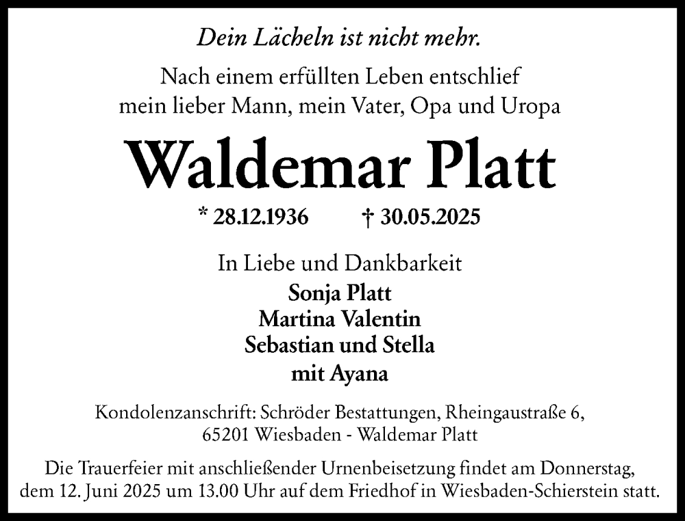  Traueranzeige für Waldemar Platt vom 07.06.2025 aus Wiesbadener Kurier