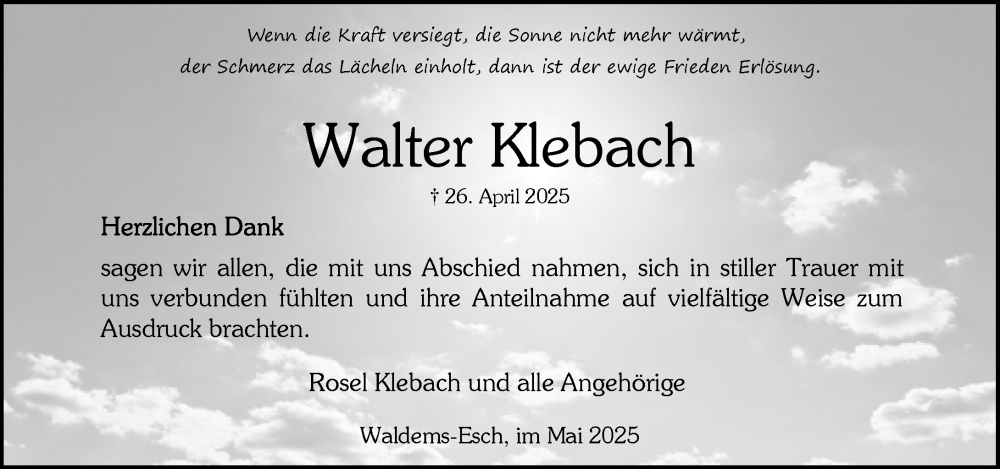  Traueranzeige für Walter Klebach vom 05.06.2025 aus Camberger Anzeiger