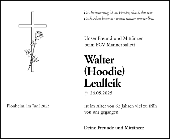 Traueranzeige von Walter Leulleik von Allgemeine Zeitung Alzey