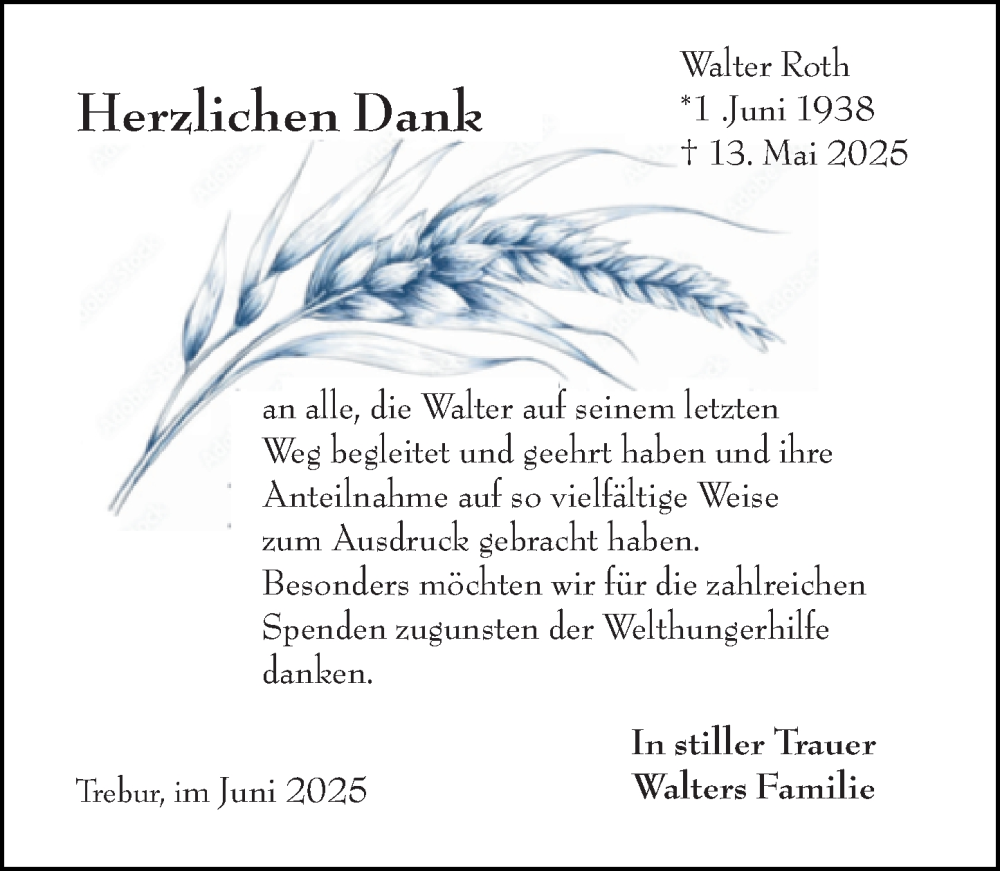  Traueranzeige für Walter Roth vom 21.06.2025 aus Groß-Gerauer Echo