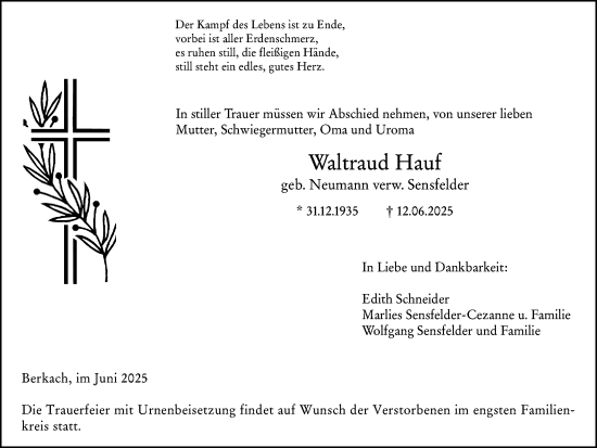 Traueranzeige von Waltraud Hauf von Groß-Gerauer Echo