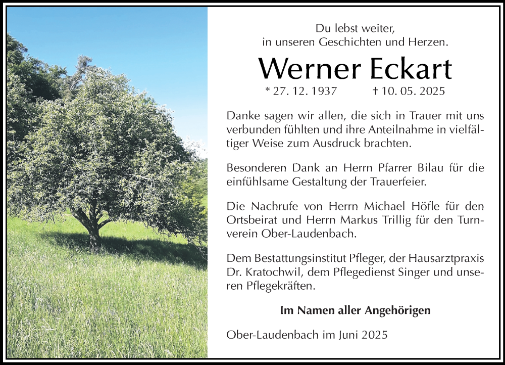  Traueranzeige für Werner Eckart vom 07.06.2025 aus Starkenburger Echo