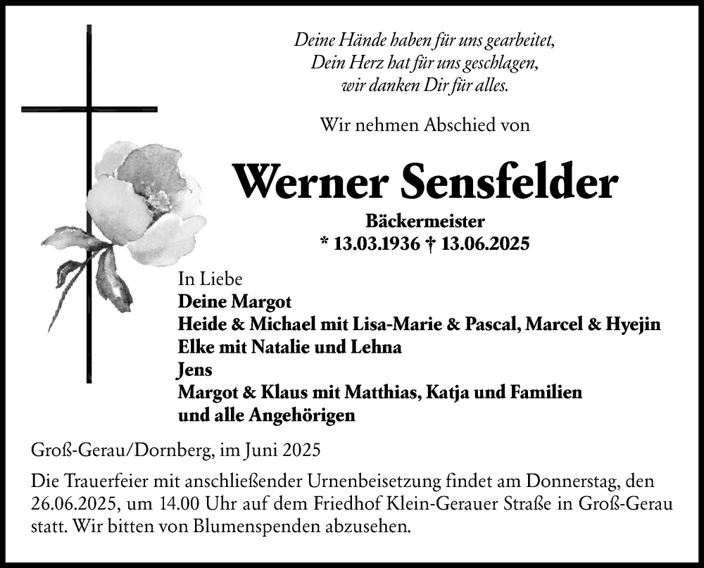  Traueranzeige für Werner Sensfelder vom 21.06.2025 aus Groß-Gerauer Echo