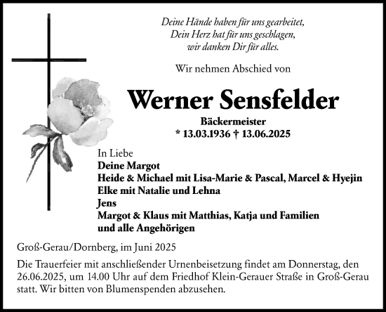 Traueranzeige von Werner Sensfelder von Groß-Gerauer Echo