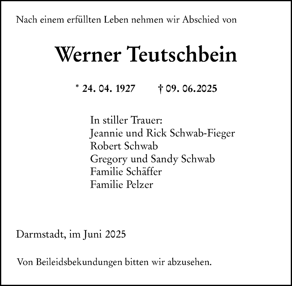  Traueranzeige für Werner Teutschbein vom 14.06.2025 aus Darmstädter Echo