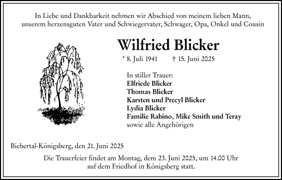 Traueranzeige von Wilfried Blicker von Wetzlarer Neue Zeitung