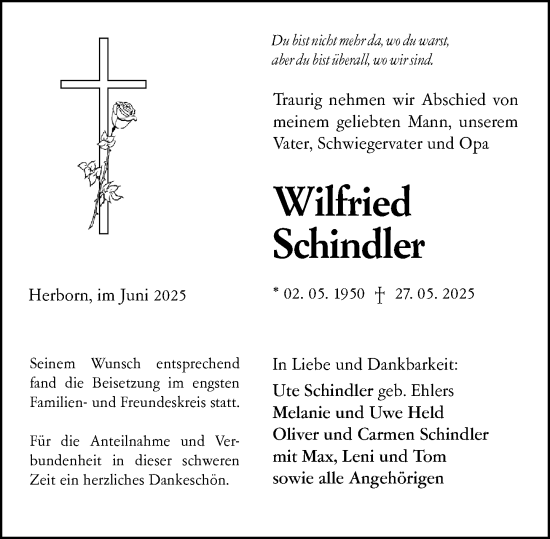 Traueranzeige von Wilfried Schindler von Dill Block
