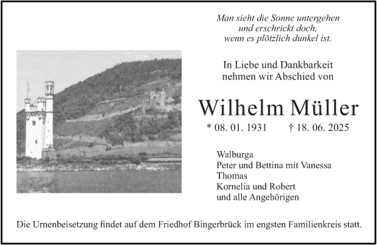Traueranzeige von Wilhelm Müller von Allgemeine Zeitung Rheinhessen-Nahe