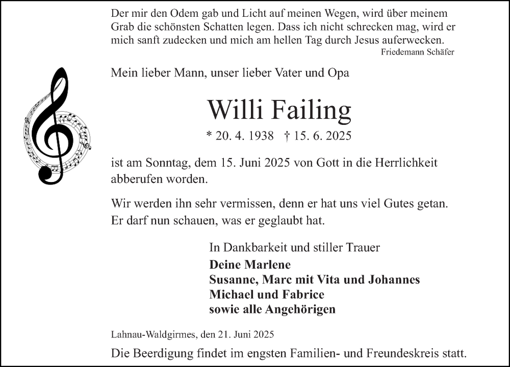  Traueranzeige für Willi Failing vom 21.06.2025 aus Wetzlarer Neue Zeitung