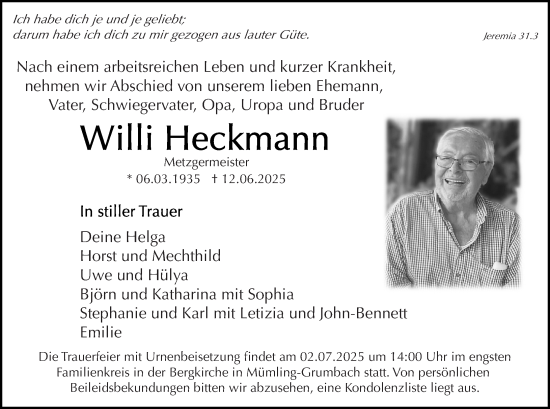 Traueranzeige von Willi Heckmann von Odenwälder Echo
