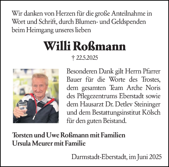 Traueranzeige von Willi Roßmann von Darmstädter Echo