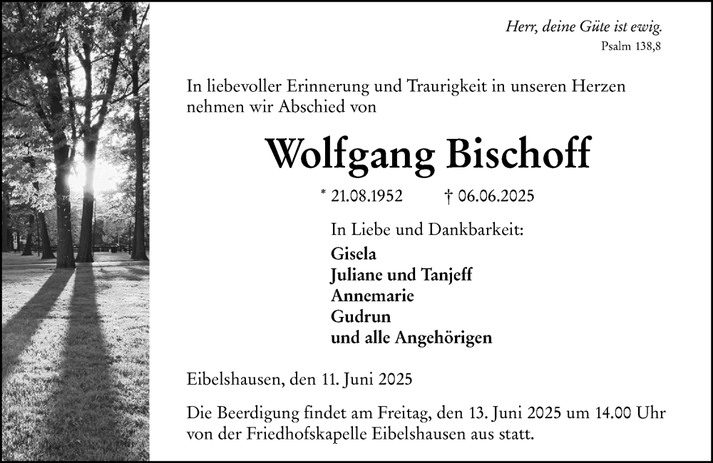  Traueranzeige für Wolfgang Bischoff vom 11.06.2025 aus Dill Block