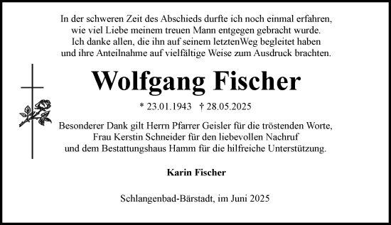 Traueranzeige von Wolfgang Fischer von Wiesbadener Kurier