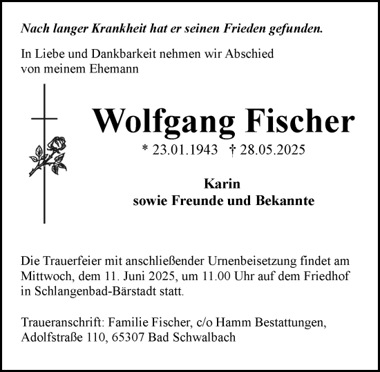 Traueranzeige von Wolfgang Fischer von Wiesbadener Kurier