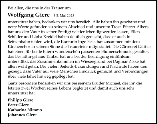 Traueranzeige von Wolfgang Giere von Wiesbadener Kurier