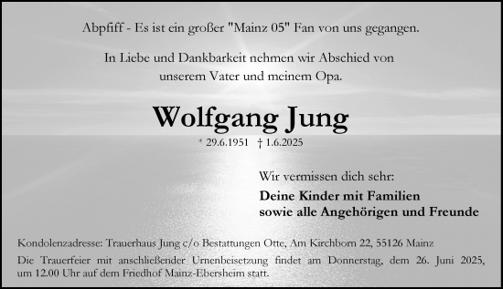 Traueranzeige von Wolfgang Jung von Allgemeine Zeitung Mainz