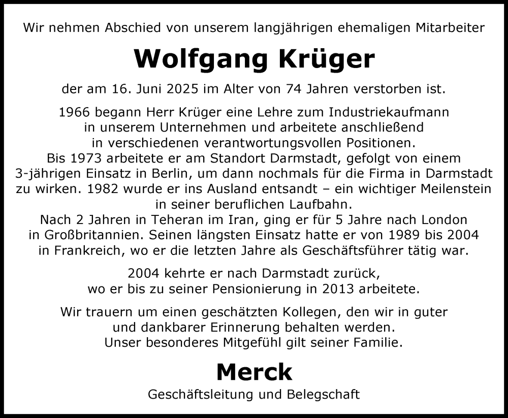  Traueranzeige für Wolfgang Krüger vom 28.06.2025 aus Darmstädter Echo