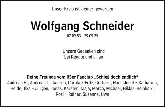 Traueranzeige von Wolfgang Schneider von Allgemeine Zeitung Mainz