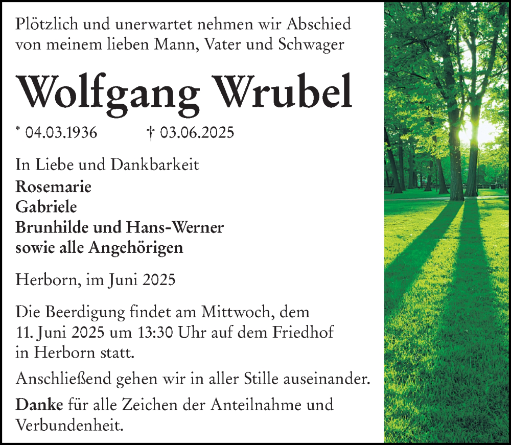  Traueranzeige für Wolfgang Wrubel vom 06.06.2025 aus Dill Block