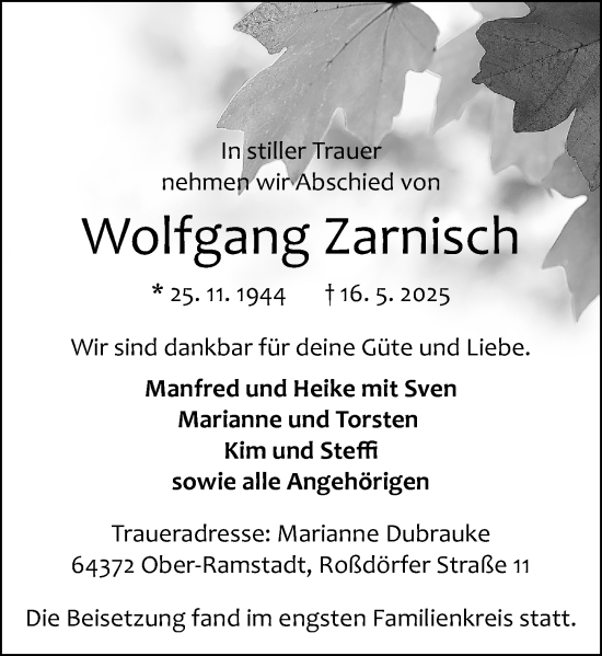 Traueranzeige von Wolfgang Zarnisch von Odenwälder Echo