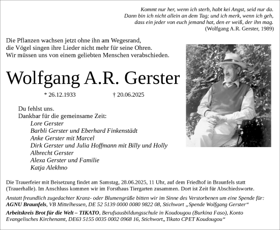 Traueranzeige von Wolfgang A. R. Gerster von Wetzlarer Neue Zeitung