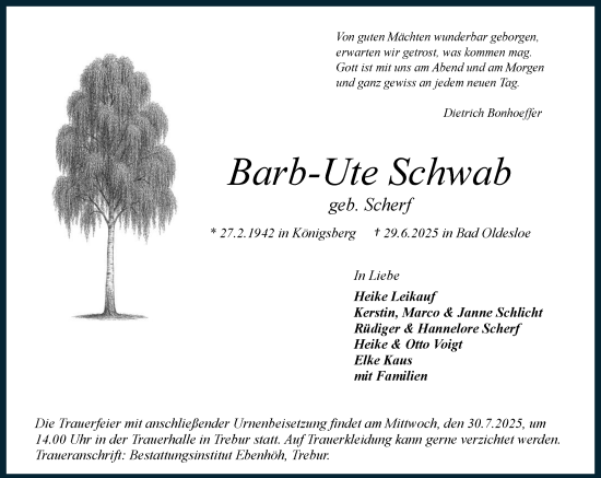Traueranzeige von Barb-Ute Schwab von Rüsselsheimer Echo