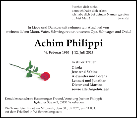 Traueranzeige von Achim Philippi von Wiesbadener Kurier