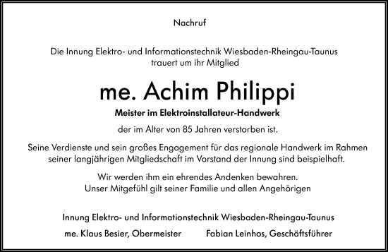Traueranzeige von Achim Philippi von Wiesbadener Kurier