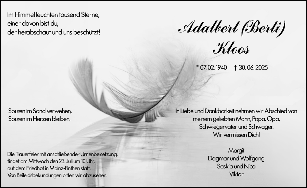  Traueranzeige für Adalbert Kloos vom 12.07.2025 aus Allgemeine Zeitung Mainz