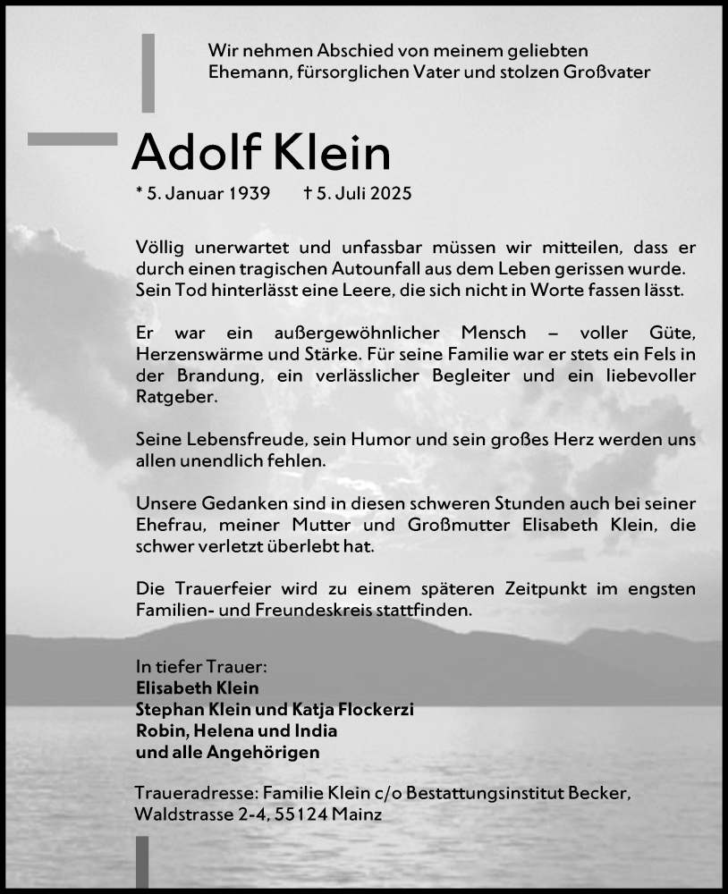  Traueranzeige für Adolf Klein vom 12.07.2025 aus Allgemeine Zeitung Mainz