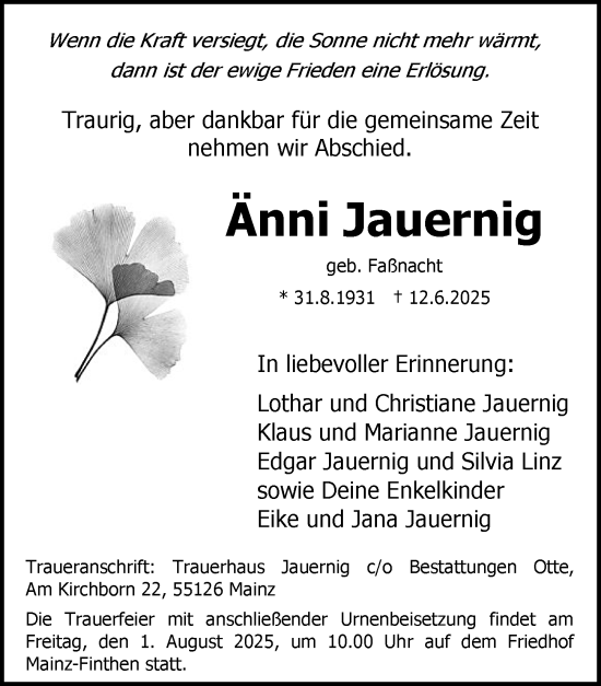 Traueranzeige von Änni Jauernig von Allgemeine Zeitung Mainz