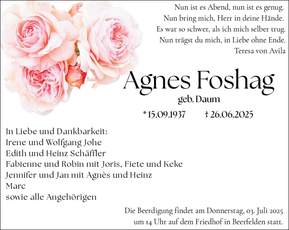  Traueranzeige für Agnes Foshag vom 01.07.2025 aus Odenwälder Echo