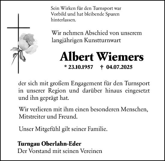 Traueranzeige von Albert Wiemers von Hinterländer Anzeiger