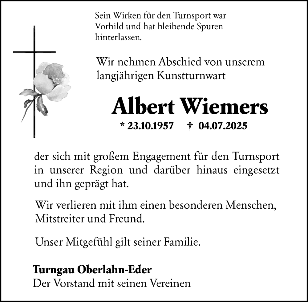  Traueranzeige für Albert Wiemers vom 12.07.2025 aus Hinterländer Anzeiger