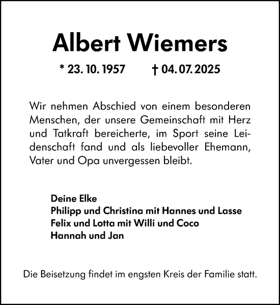 Traueranzeige von Albert Wiemers von Hinterländer Anzeiger