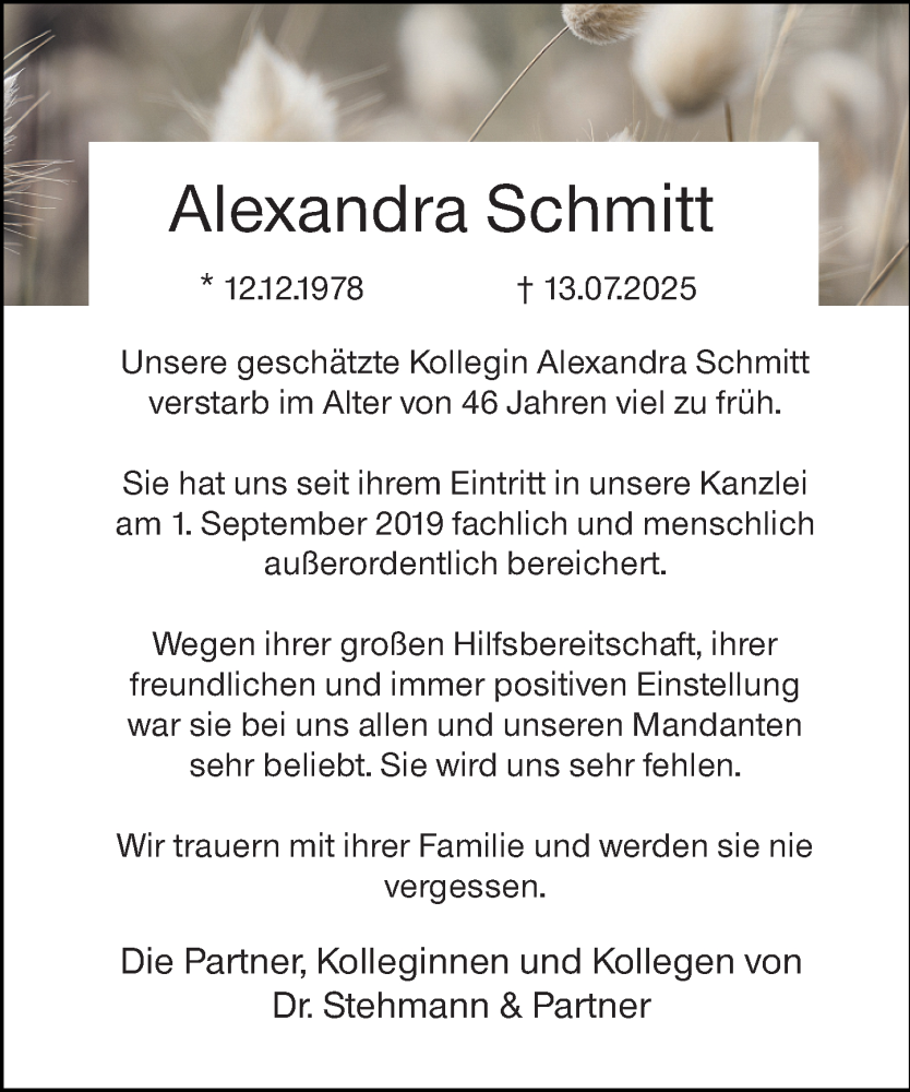  Traueranzeige für Alexandra Schmitt vom 17.07.2025 aus Dill Block