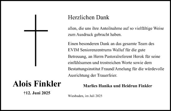 Traueranzeige von Alois Finkler von Wiesbadener Kurier
