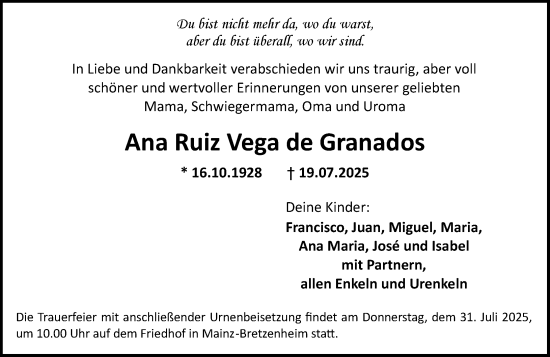 Traueranzeige von Ana Ruiz Vega de Granados von Allgemeine Zeitung Mainz