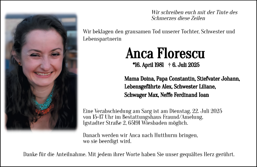  Traueranzeige für Anca Florescu vom 21.07.2025 aus Wiesbadener Kurier