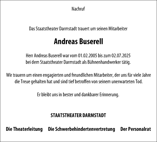 Traueranzeige von Andreas Buserell von Darmstädter Echo