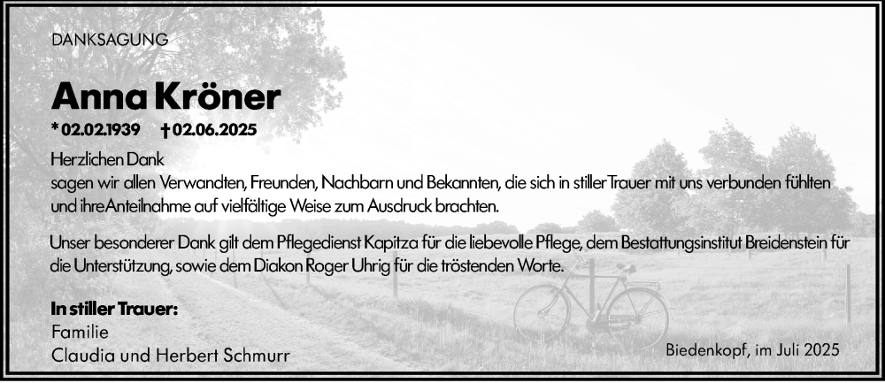  Traueranzeige für Anna Kröner vom 21.07.2025 aus Hinterländer Anzeiger