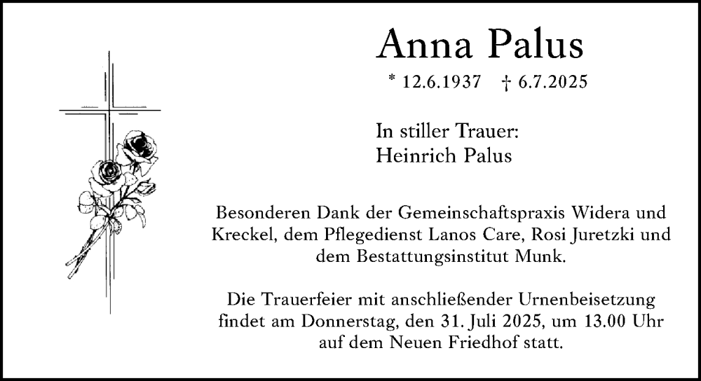  Traueranzeige für Anna Palus vom 25.07.2025 aus Hochheimer Zeitung