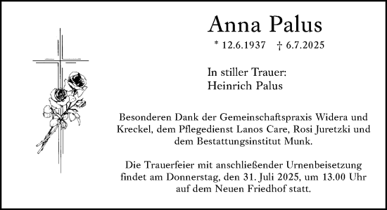 Traueranzeige von Anna Palus von Hochheimer Zeitung