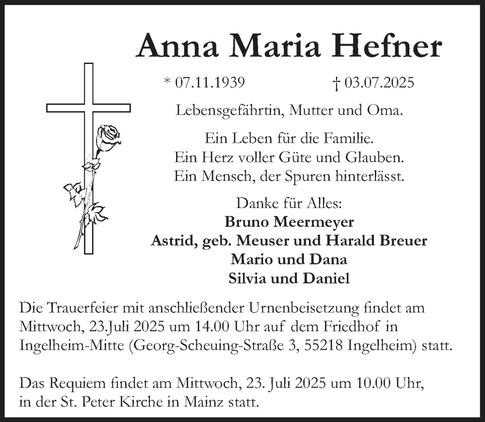  Traueranzeige für Anna Maria Hefner vom 12.07.2025 aus Allgemeine Zeitung Rheinhessen-Nahe