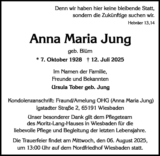 Traueranzeige von Anna Maria Jung von Wiesbadener Kurier