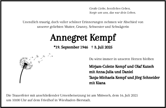 Traueranzeige von Annegret Kempf von Wiesbadener Kurier